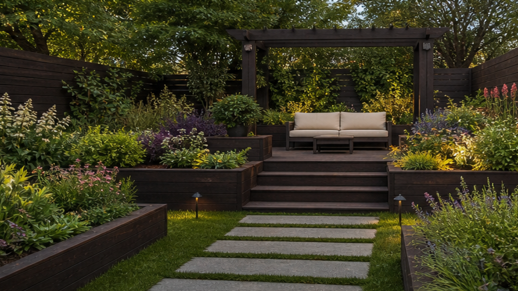 AI Garden Design Free with dark wood accents