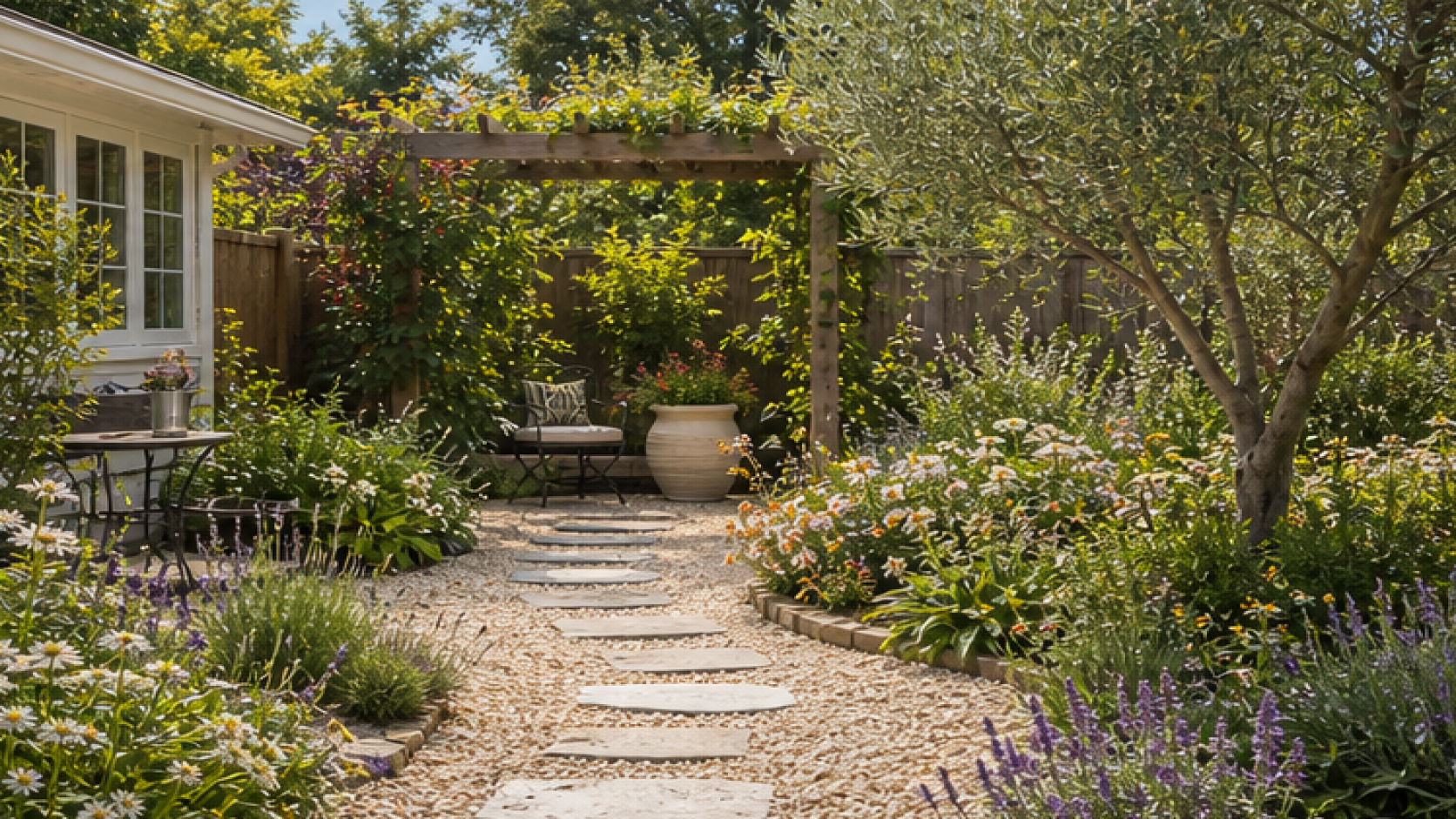 AI Garden Design with a light gravel path