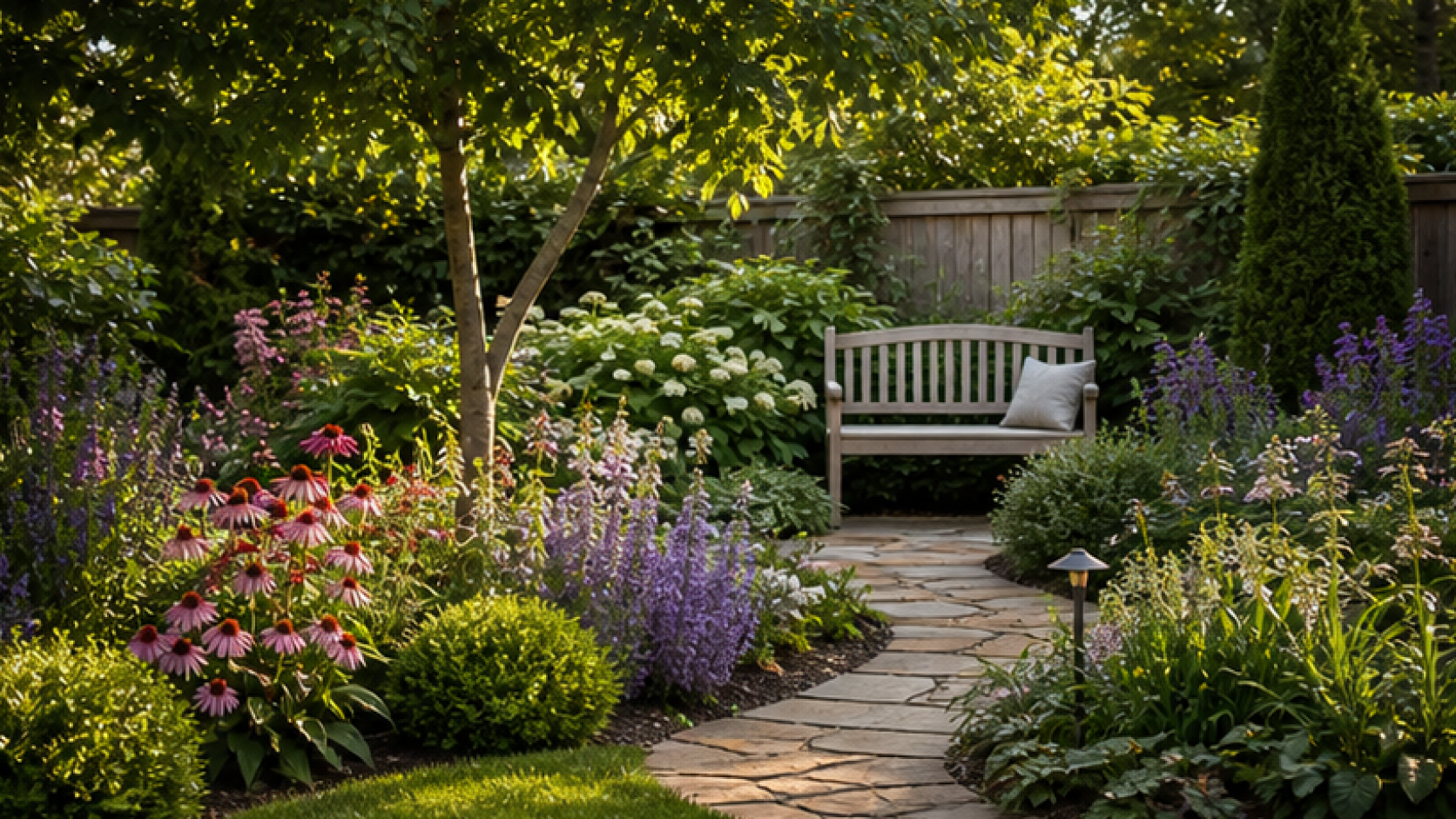AI Garden Design with a garden bench