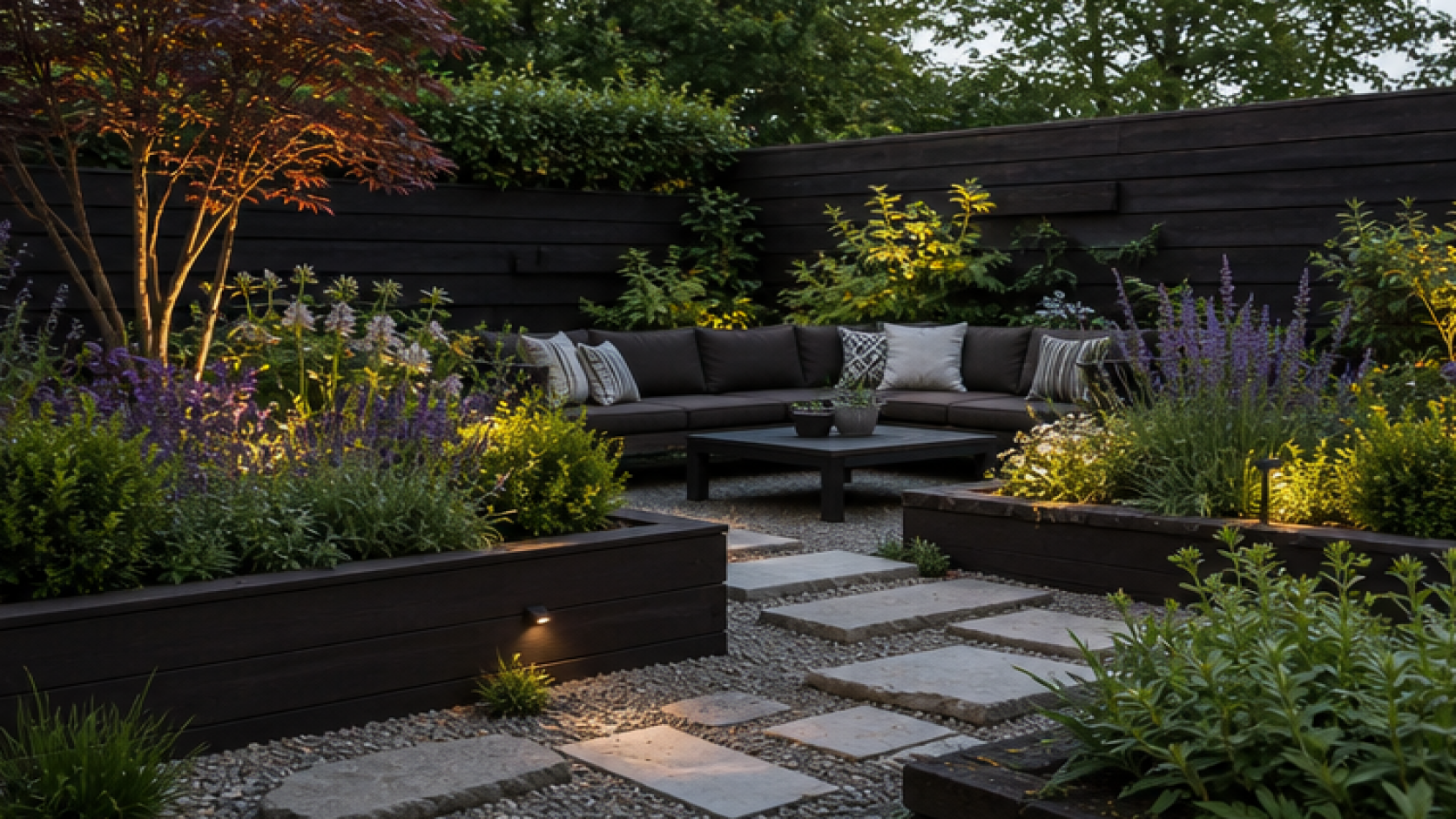 AI Garden Design with dark wood accents