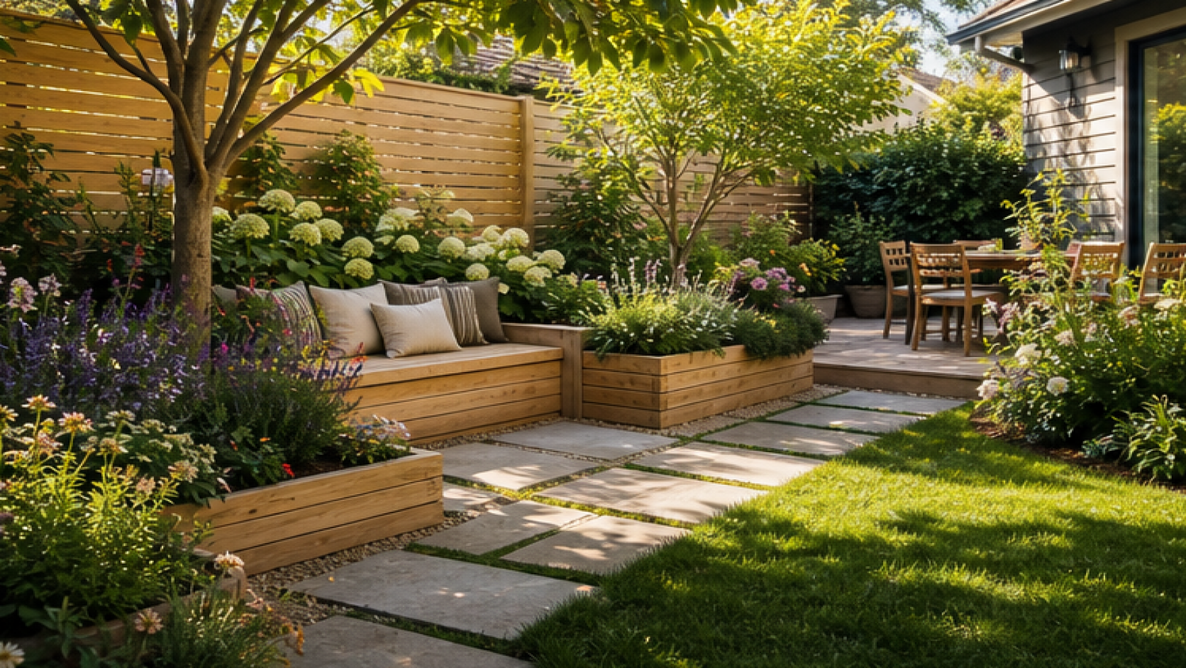 AI Garden Design with natural wood accents