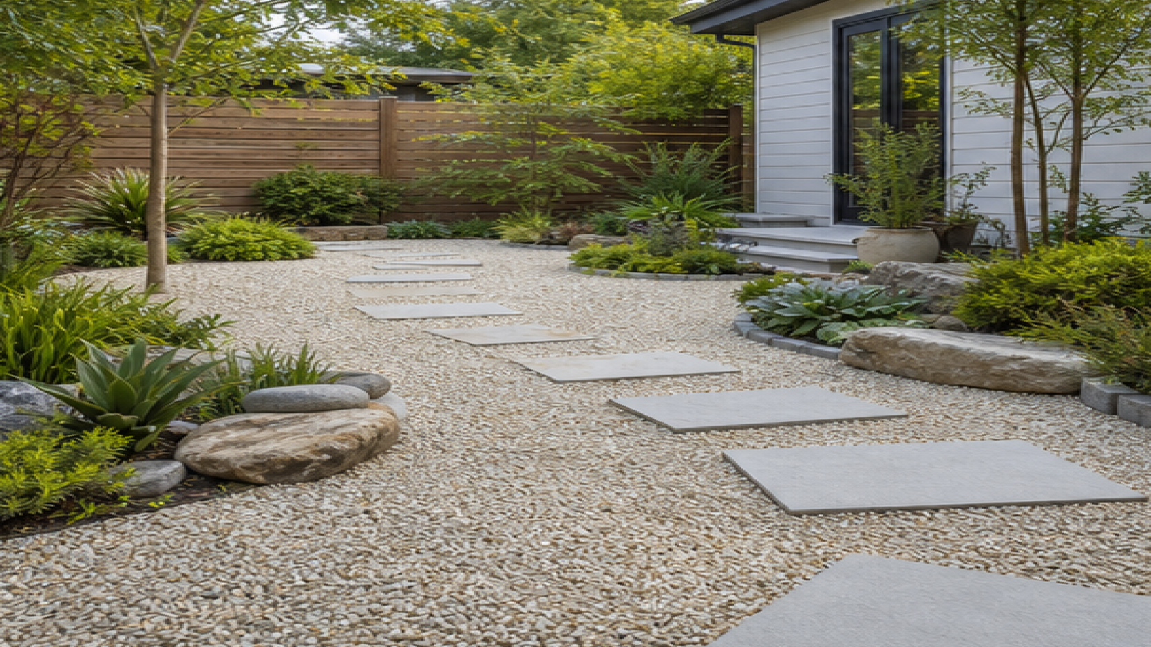Backyard Design Ideas with a light gravel path