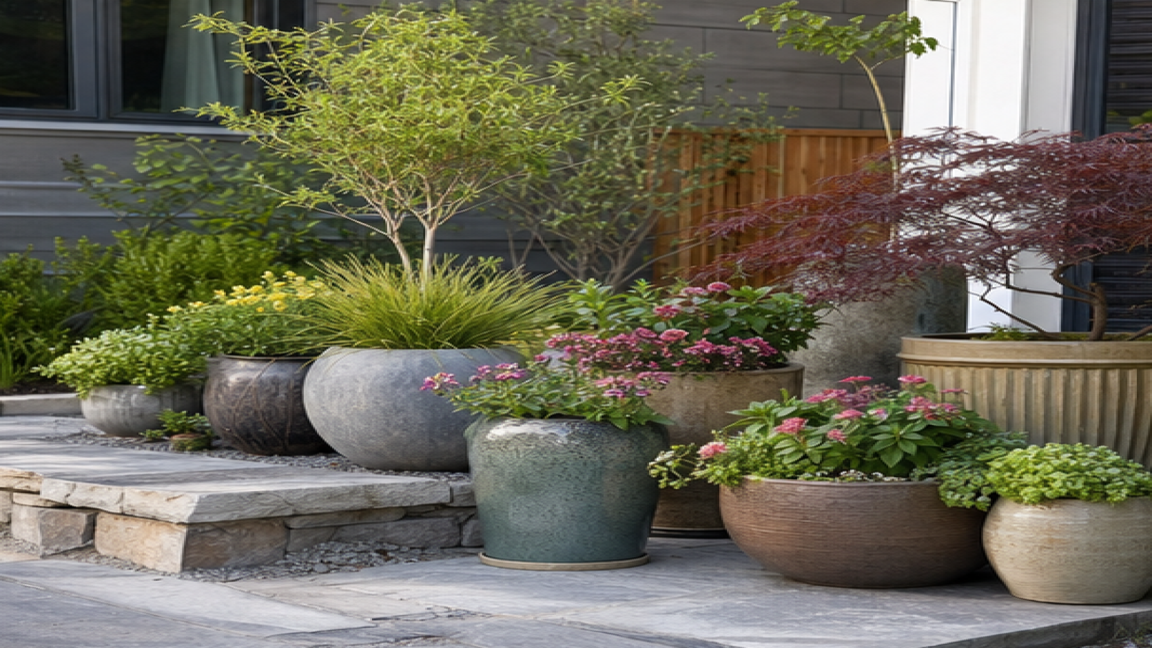 Backyard Design Ideas with potted plant accents