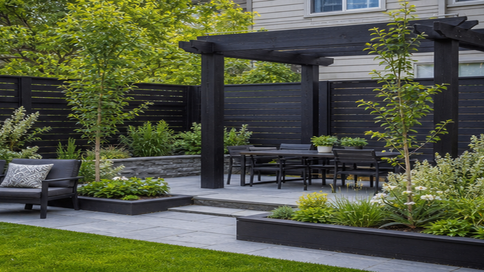 Backyard Design Ideas with dark wood accents