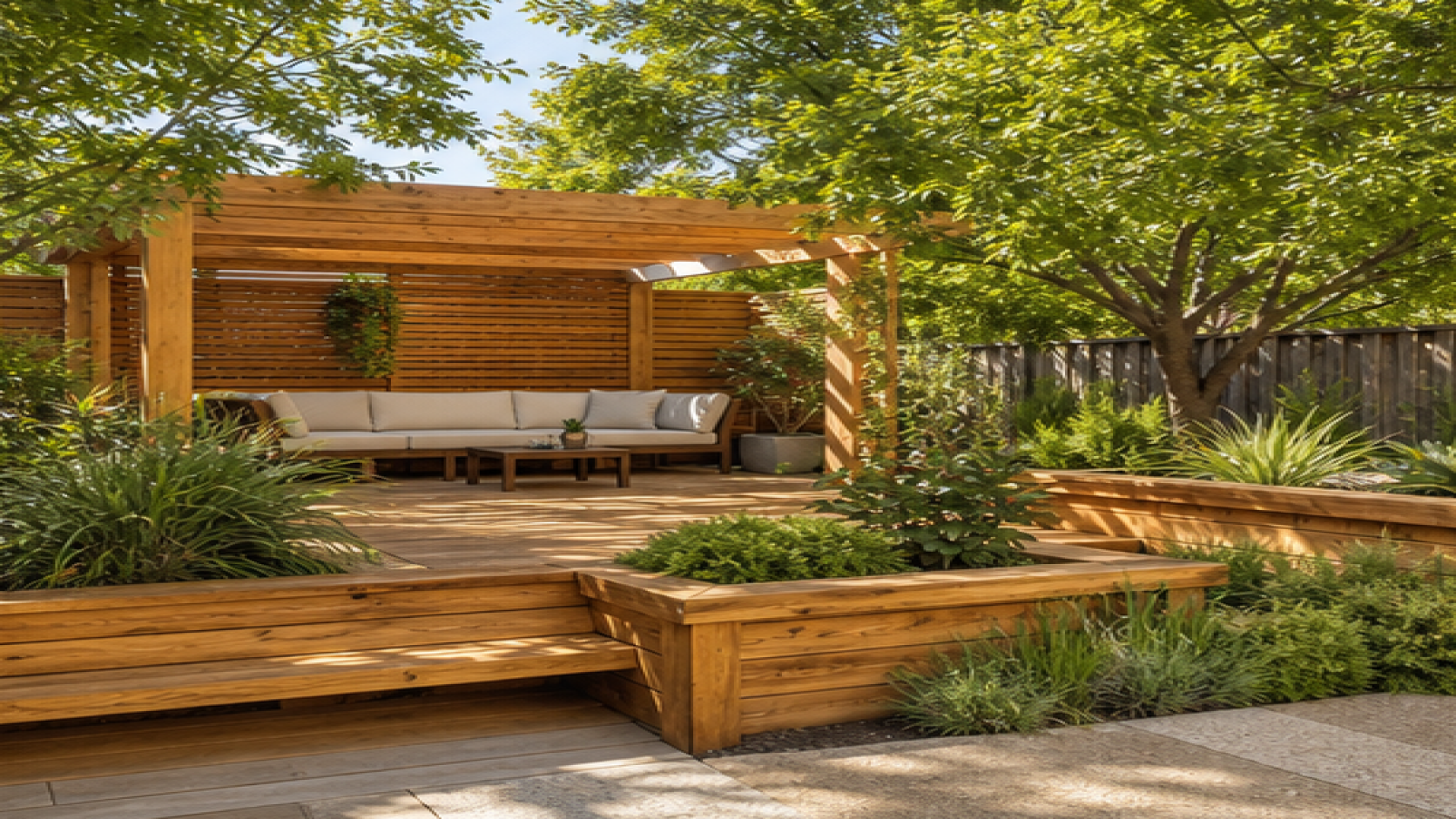 Backyard Design Ideas with natural wood accents