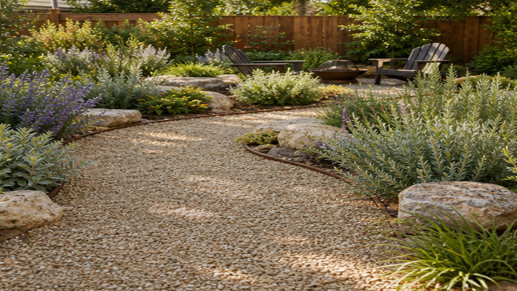 Backyard Garden Ideas with a light gravel path