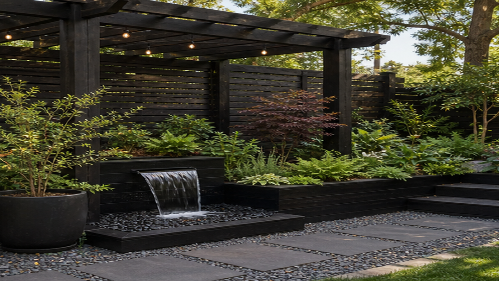 Backyard Garden Ideas with dark wood accents