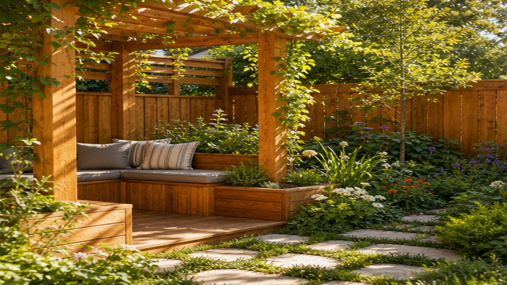 Backyard Garden Ideas with natural wood accents