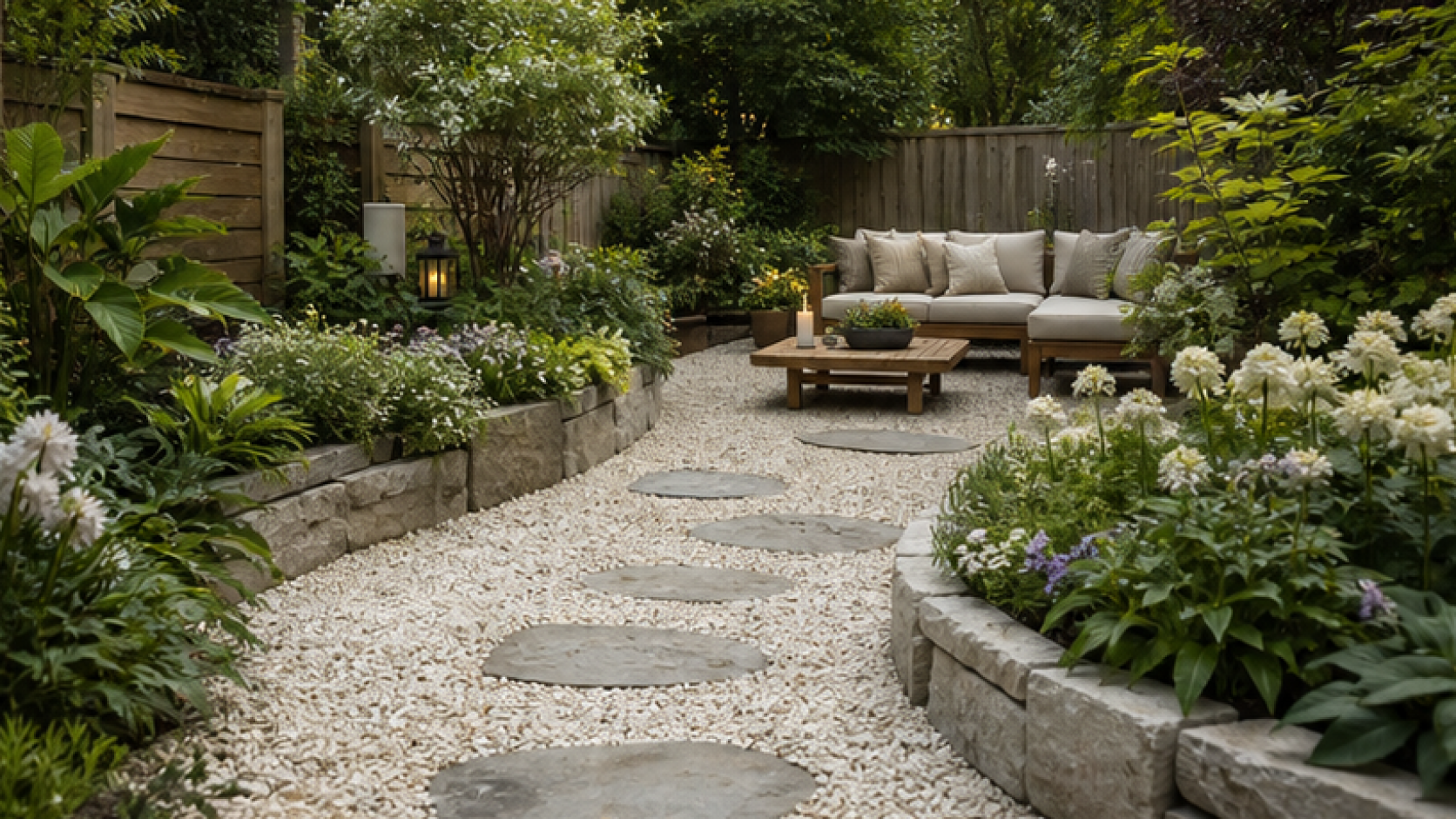 Backyard Garden Ideas with a light gravel path