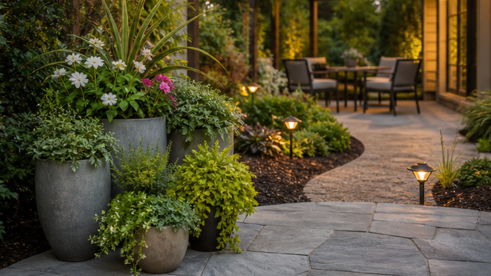 Backyard Garden Ideas with potted plant accents