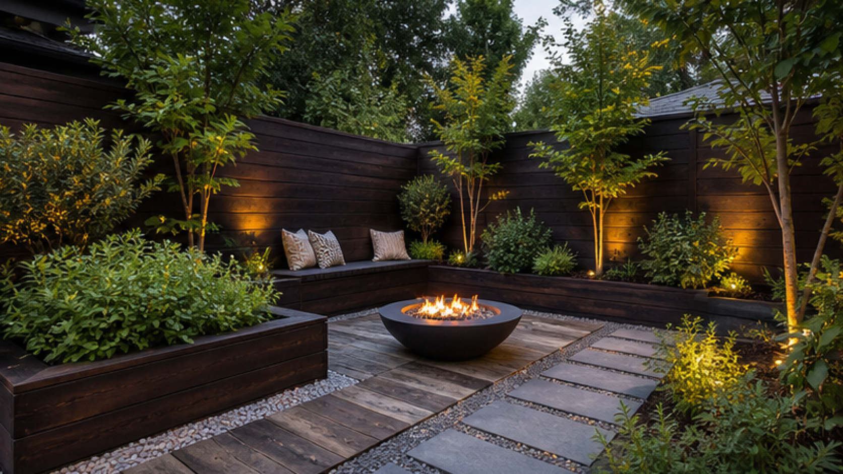 Backyard Garden Ideas with dark wood accents