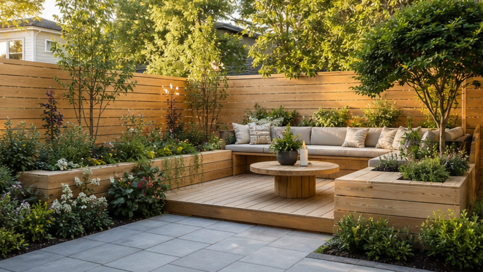 Backyard Garden Ideas with natural wood accents