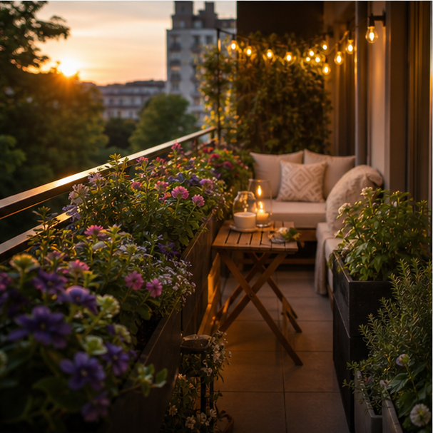 Balcony Garden Ideas soft evening glow