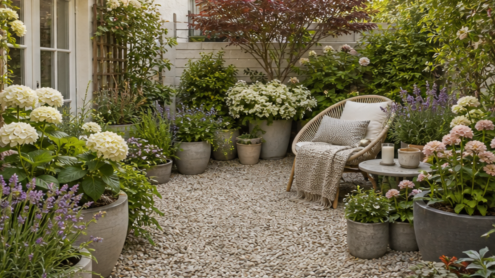 Container Gardening Ideas with a light gravel path