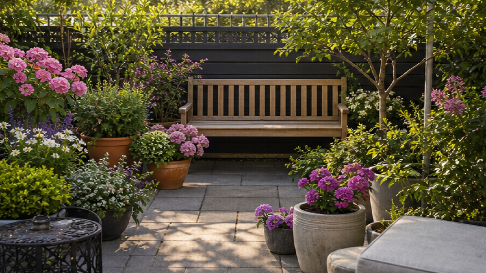 Container Gardening Ideas with a garden bench