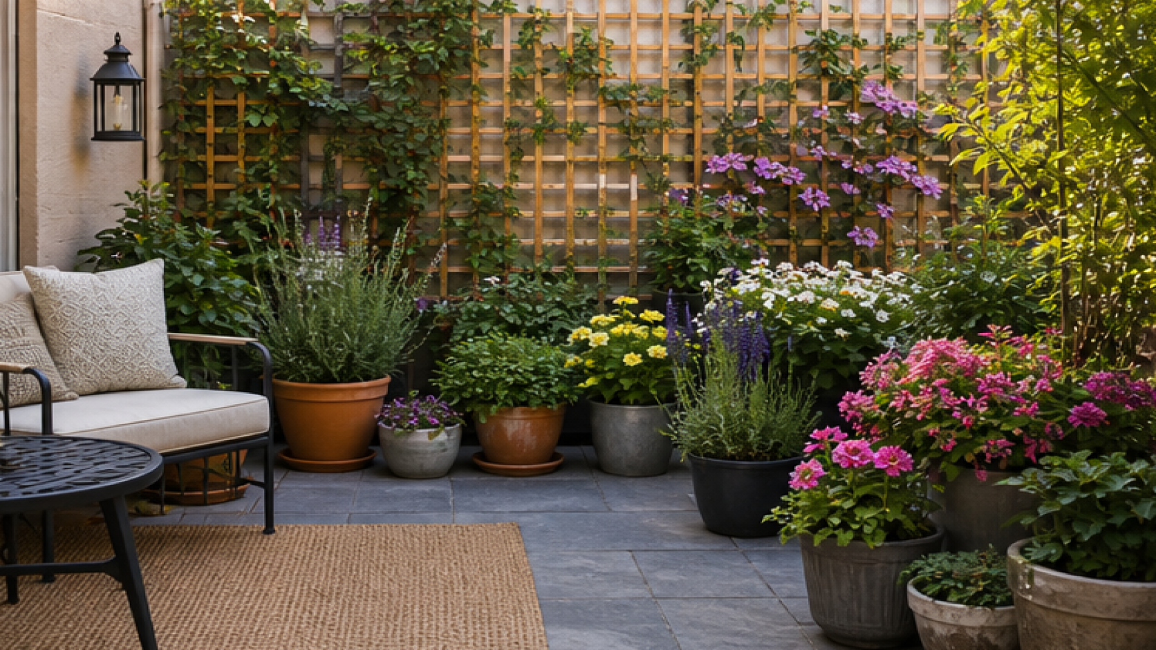 Container Gardening Ideas with a trellis accent
