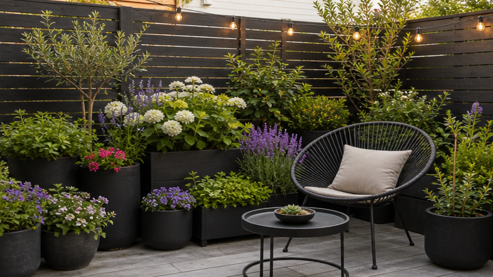 Container Gardening Ideas with dark wood accents