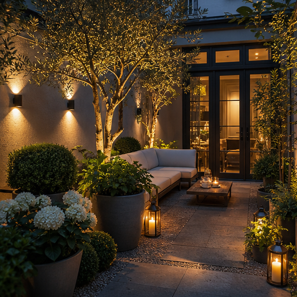 Courtyard Garden Ideas soft evening glow