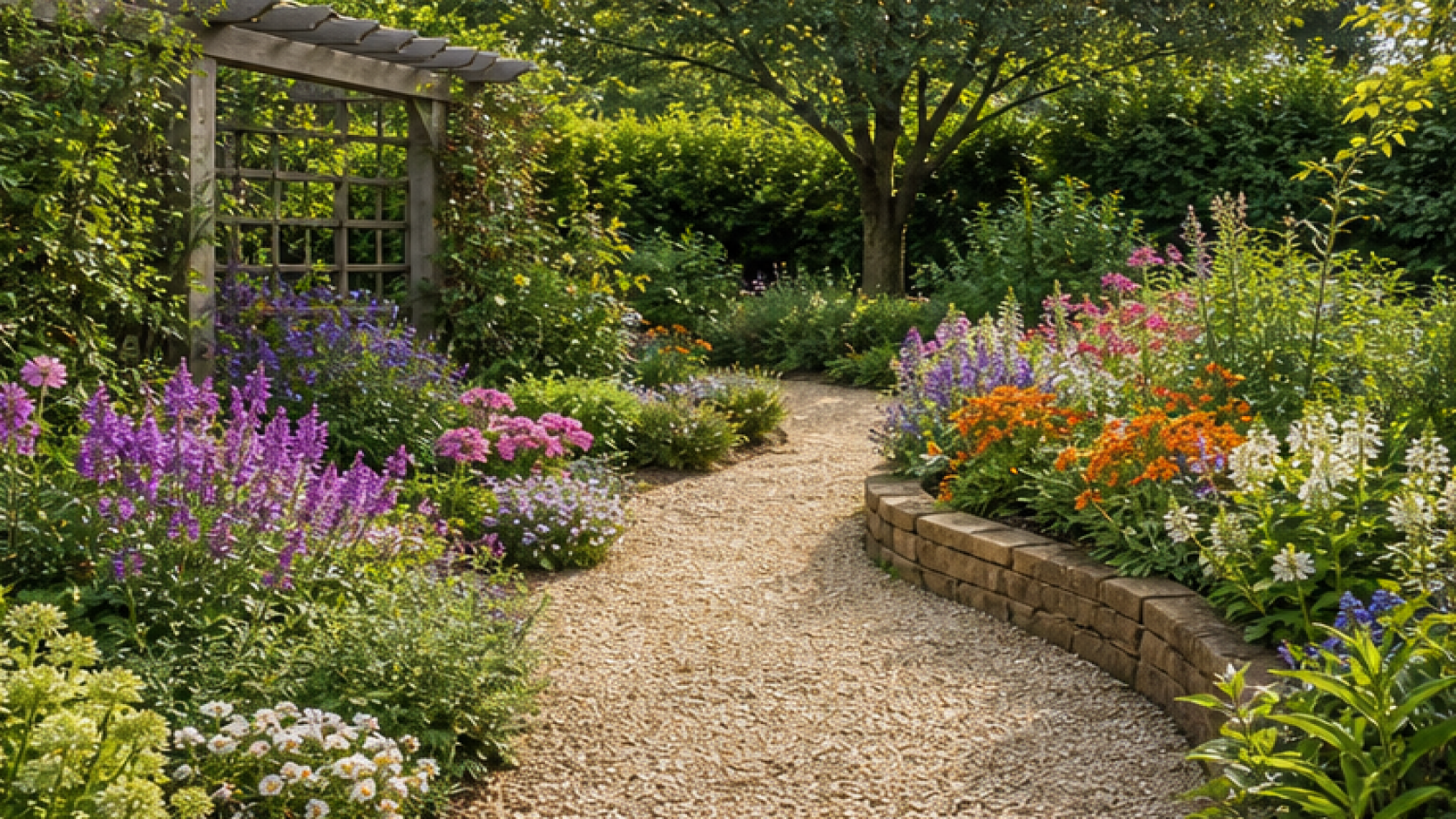 Flower Garden Ideas with a light gravel path