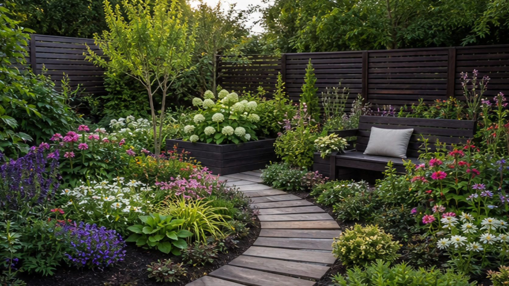 Flower Garden Ideas with dark wood accents