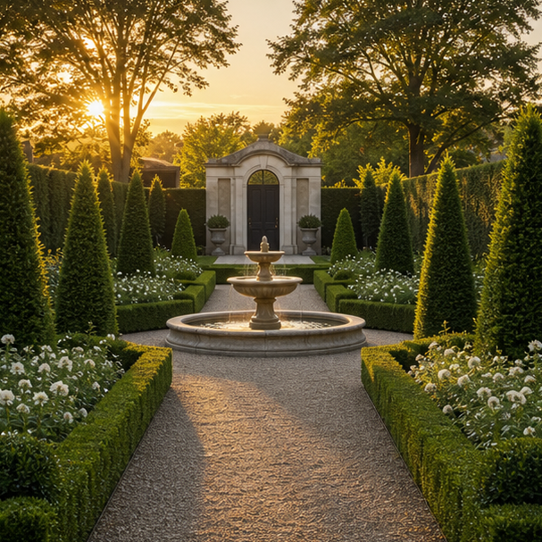 Formal Garden Ideas soft evening glow