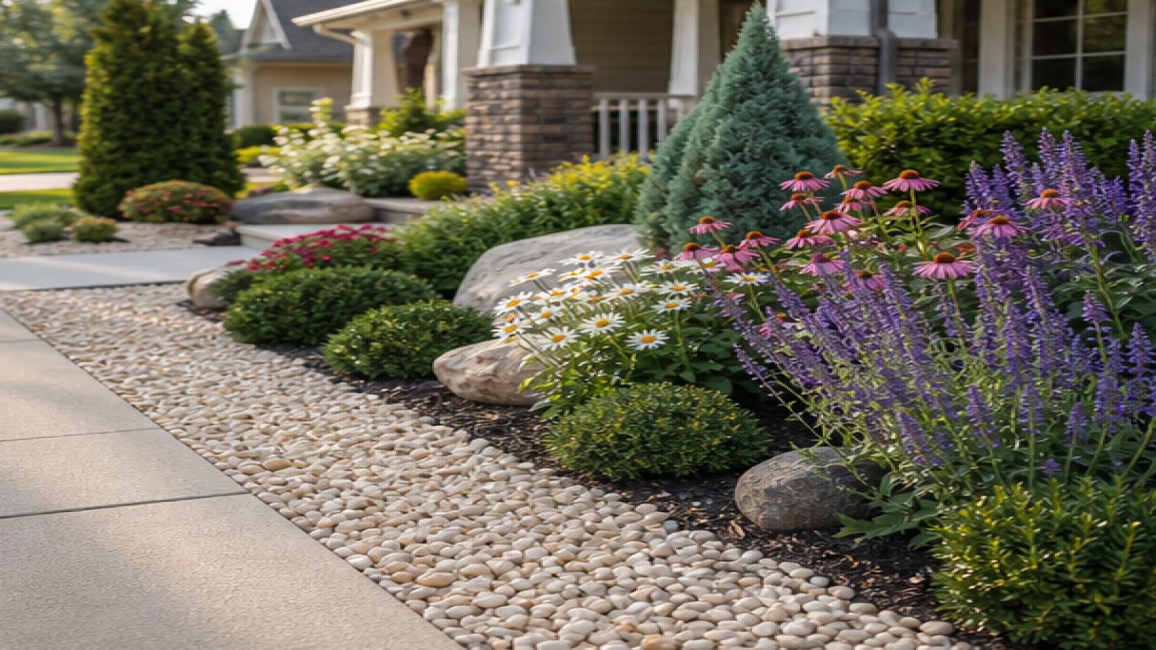 Front Garden Flower Bed Ideas with a light gravel path
