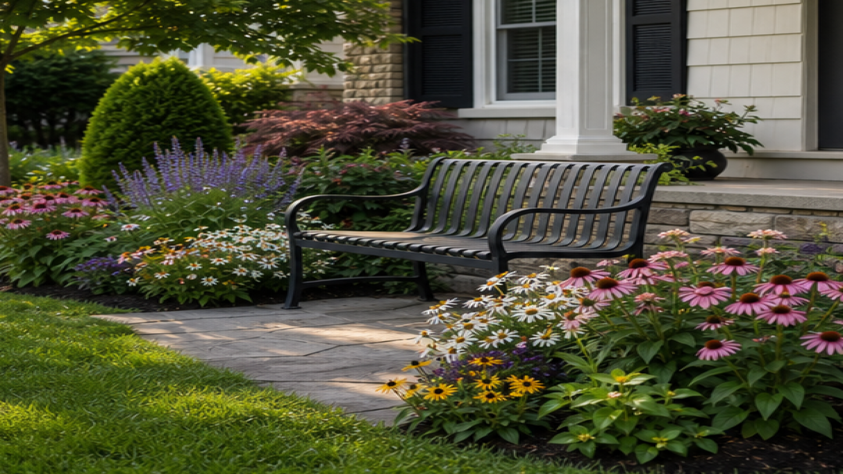 Front Garden Flower Bed Ideas with a garden bench