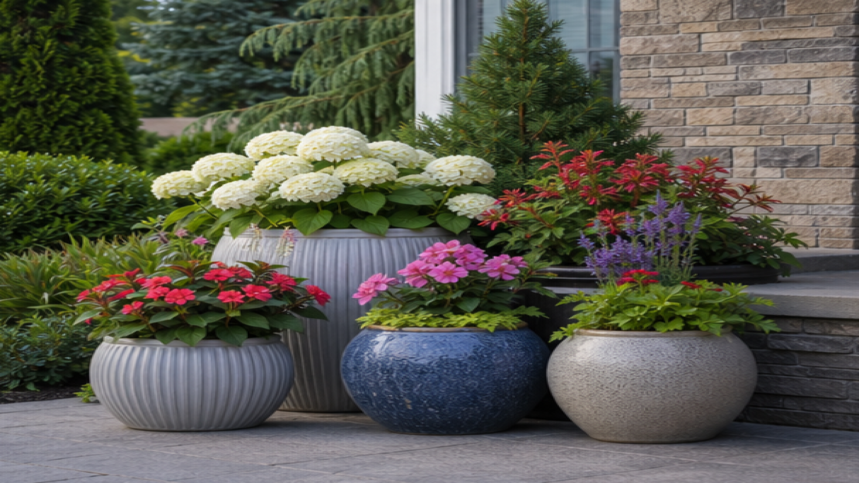 Front Garden Flower Bed Ideas with potted plant accents