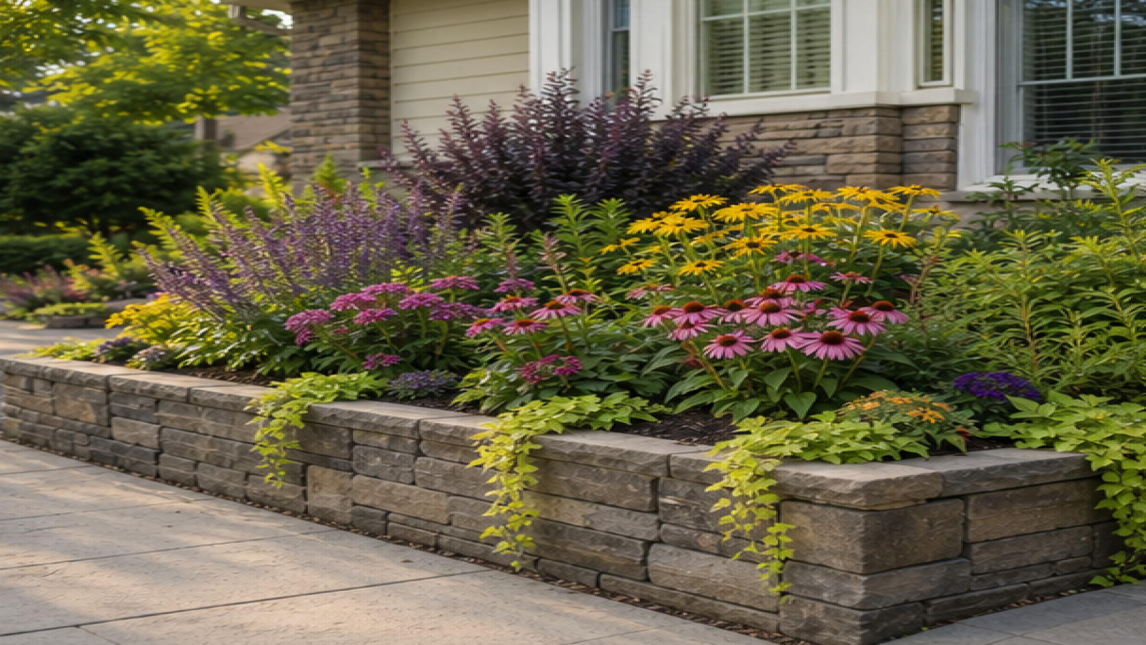 Front Garden Flower Bed Ideas with raised planters