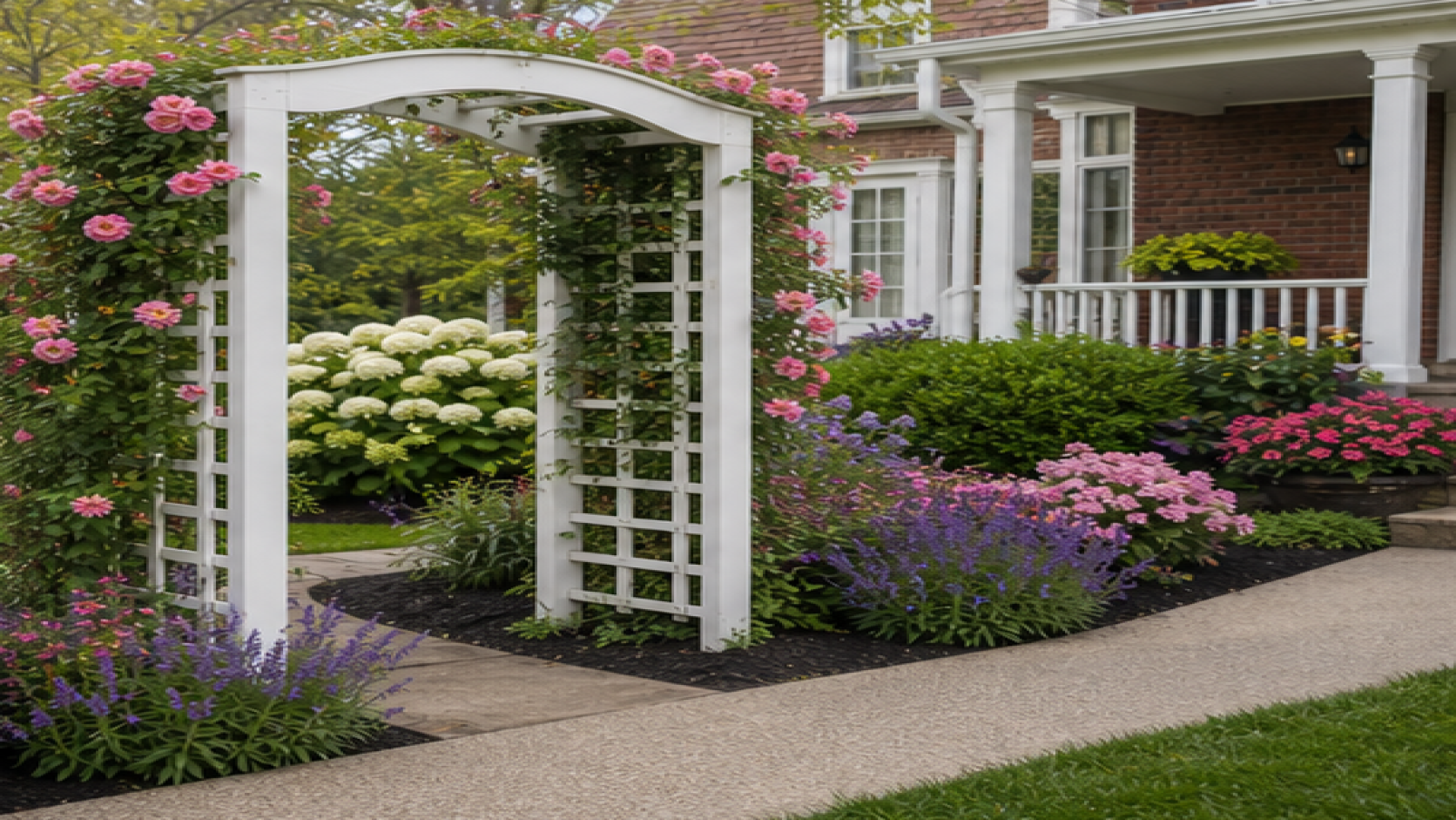 Front Garden Flower Bed Ideas with a trellis accent