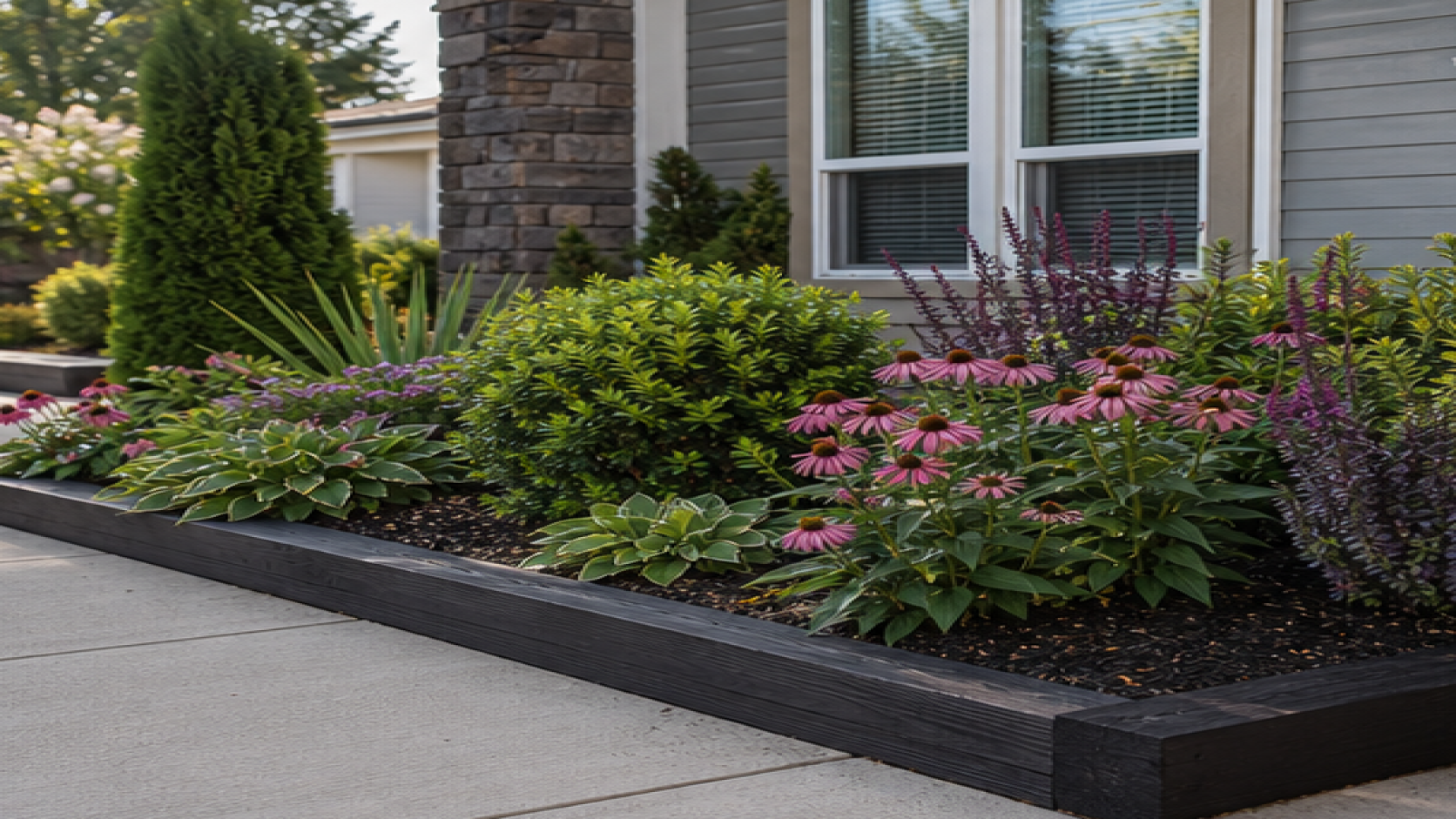Front Garden Flower Bed Ideas with dark wood accents