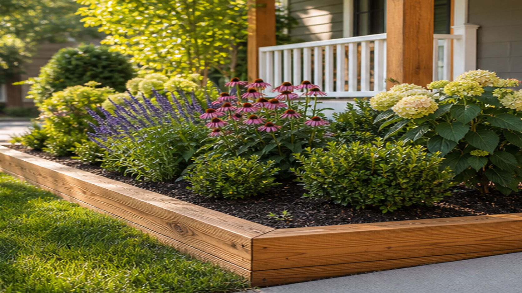 Front Garden Flower Bed Ideas with natural wood accents