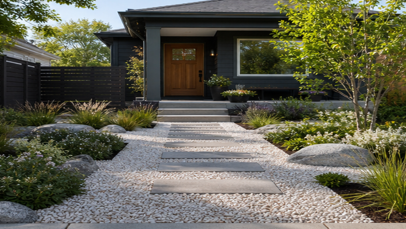 Front Garden Ideas with a light gravel path