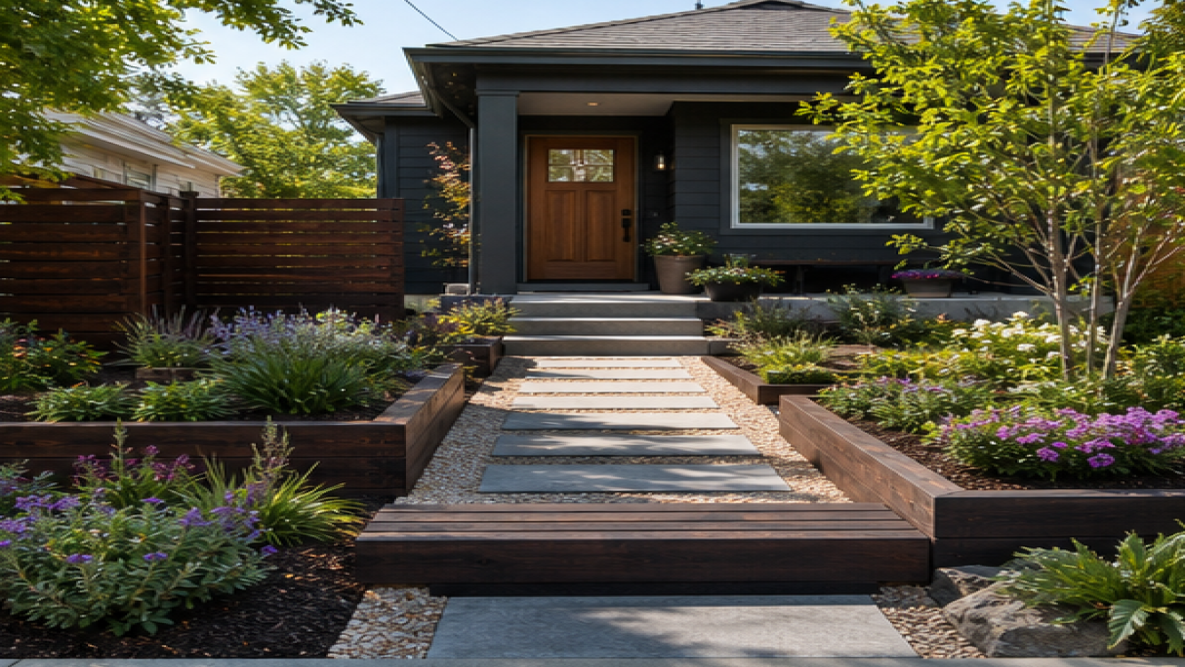 Front Garden Ideas with dark wood accents