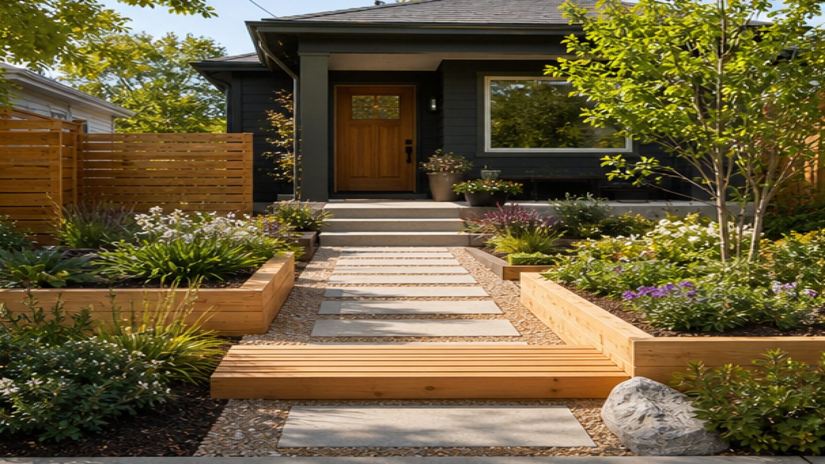 Front Garden Ideas with natural wood accents