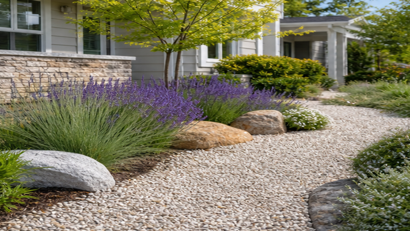 Front Garden Ideas with a light gravel path