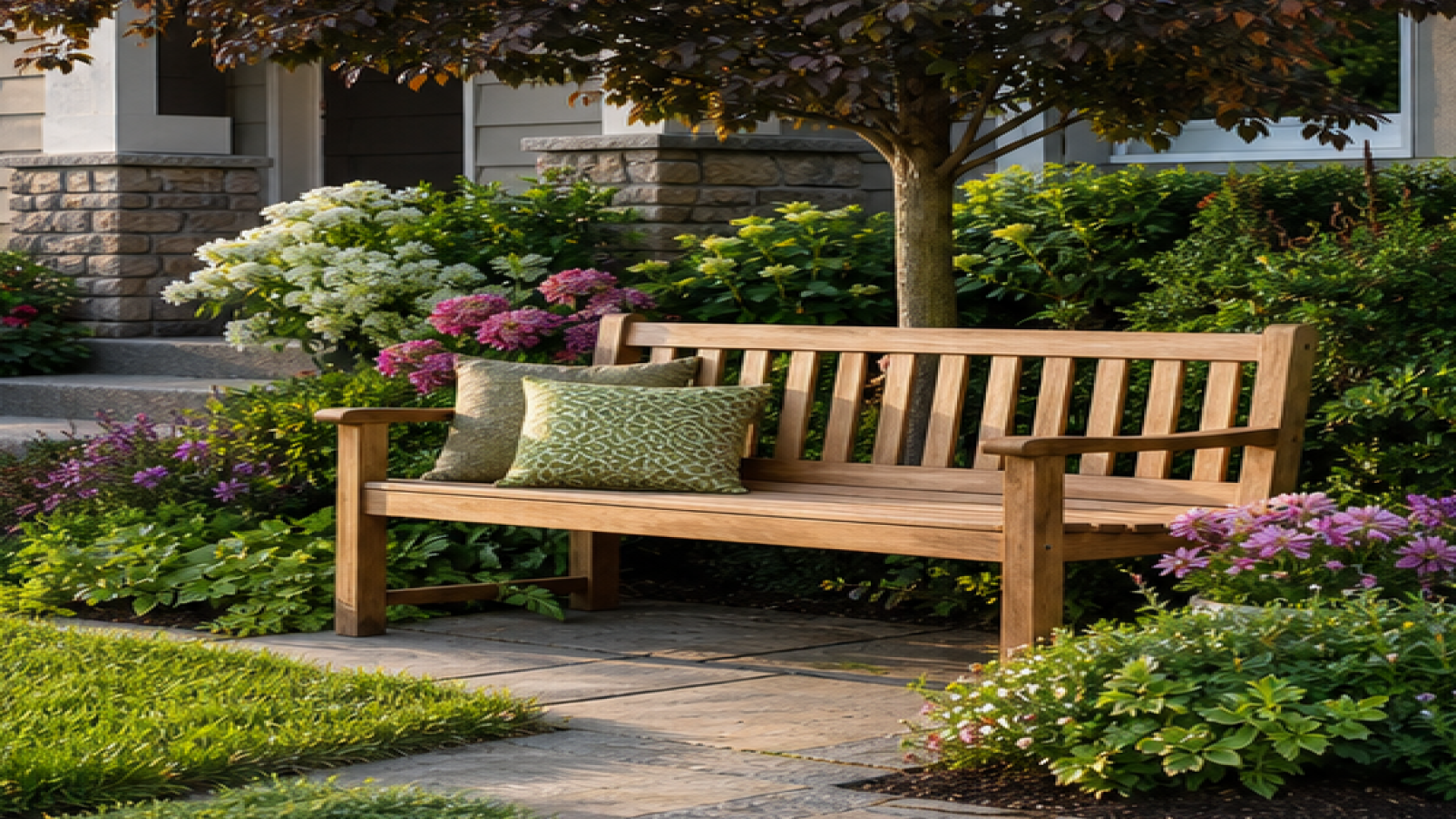 Front Garden Ideas with a garden bench