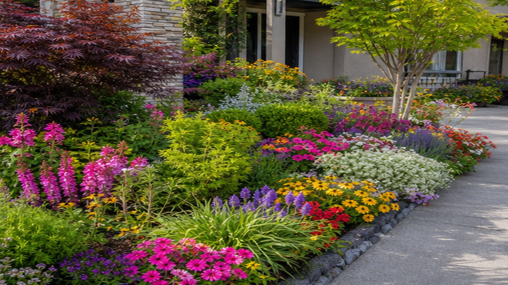 Front Garden Ideas with seasonal color planting