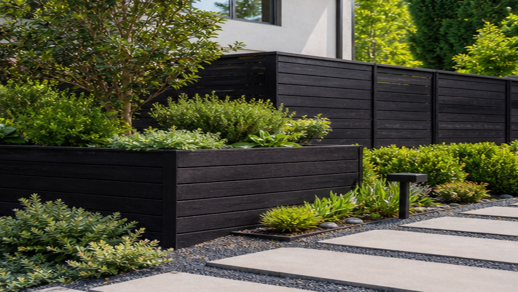 Front Garden Ideas with dark wood accents