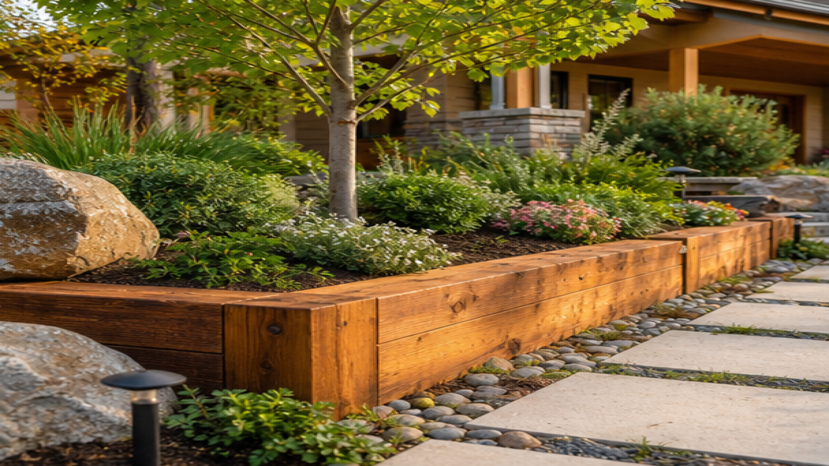Front Garden Ideas with natural wood accents