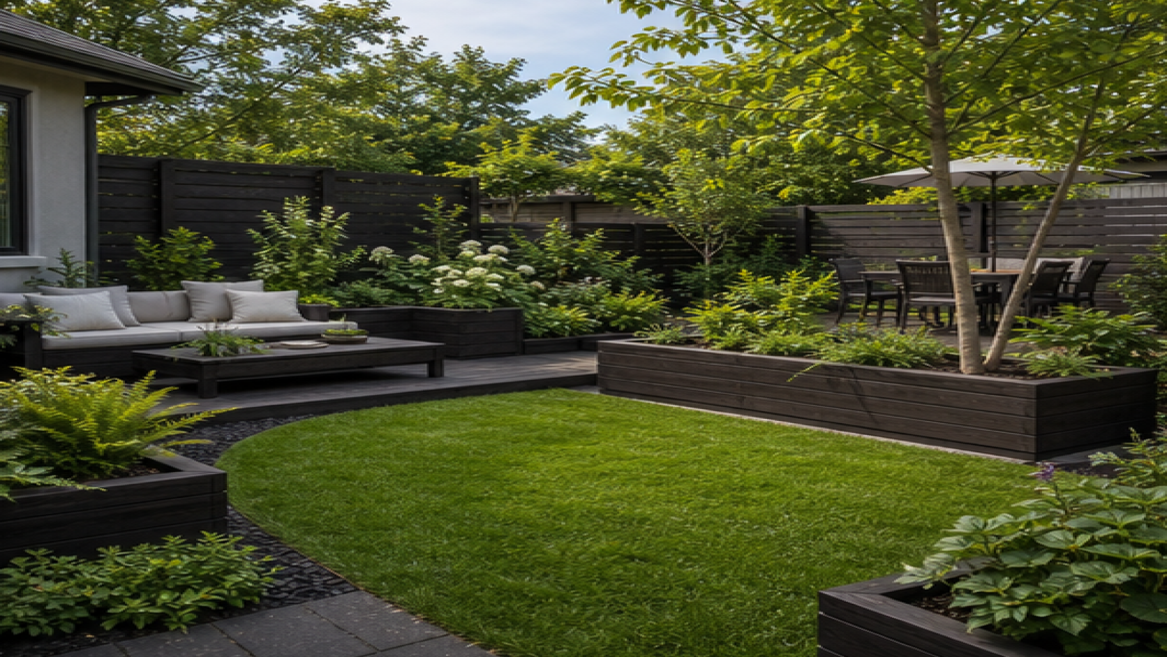 Garden Layout Ideas with dark wood accents