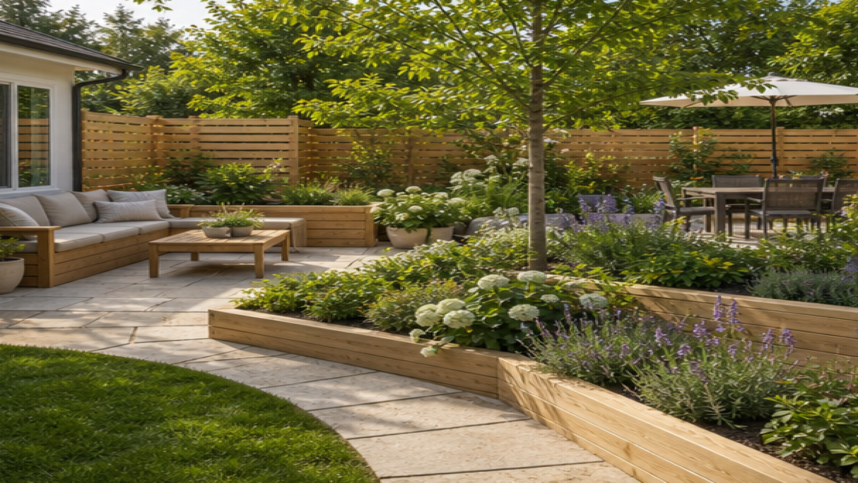 Garden Layout Ideas with natural wood accents