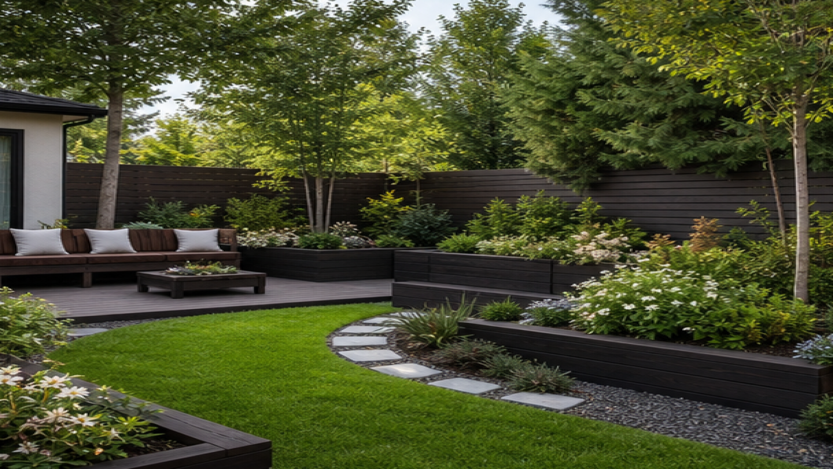 Garden Layout Ideas with dark wood accents