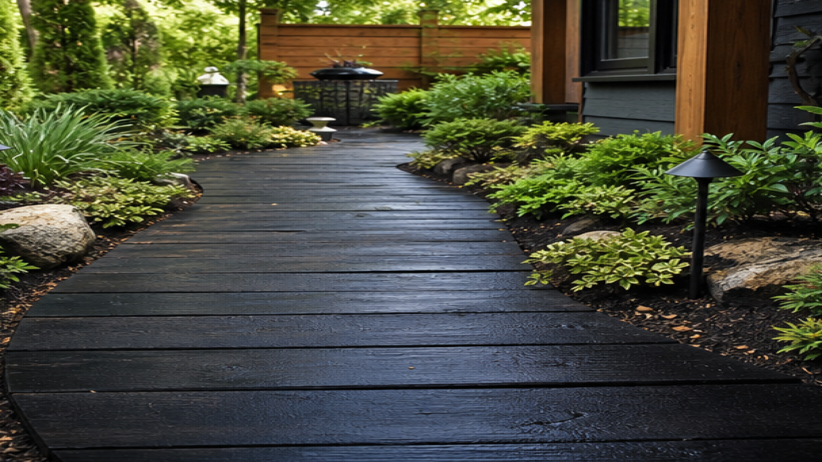 Garden Path Ideas with dark wood accents