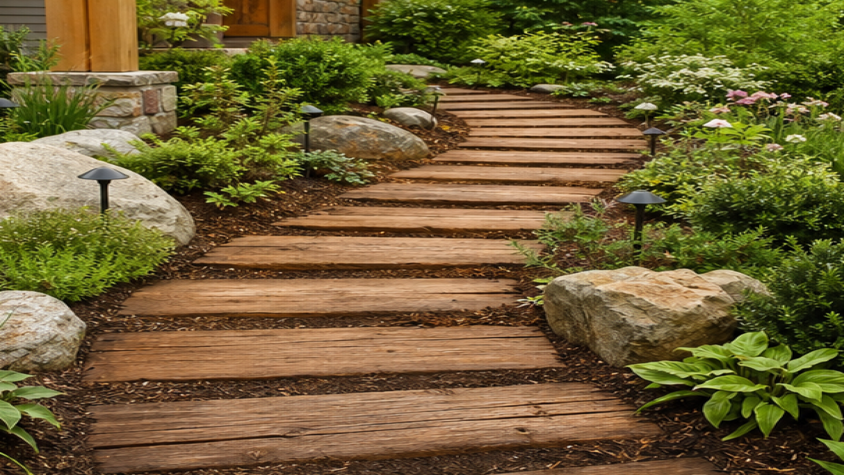 Garden Path Ideas with natural wood accents