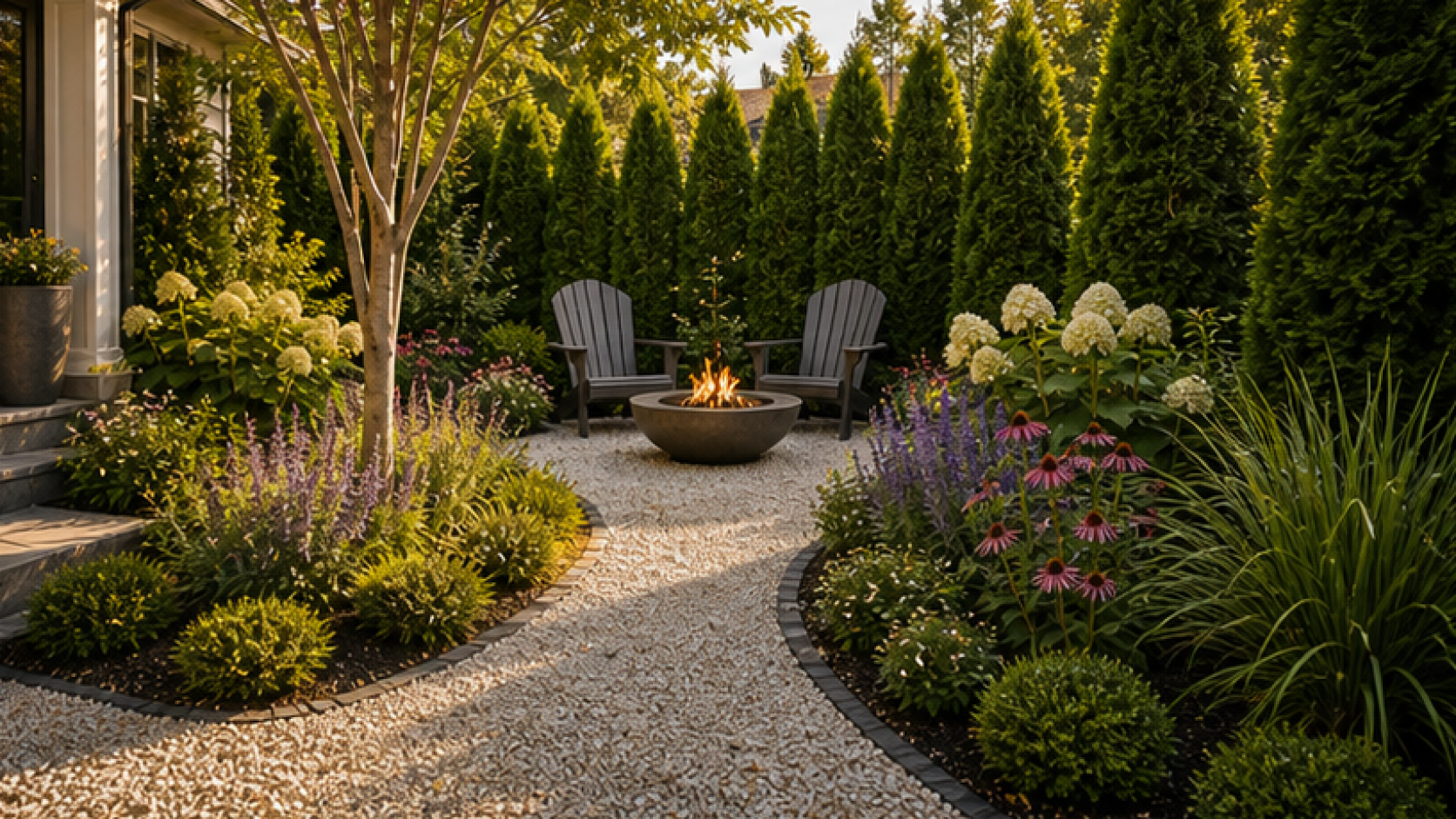 Garden Privacy Ideas with a light gravel path