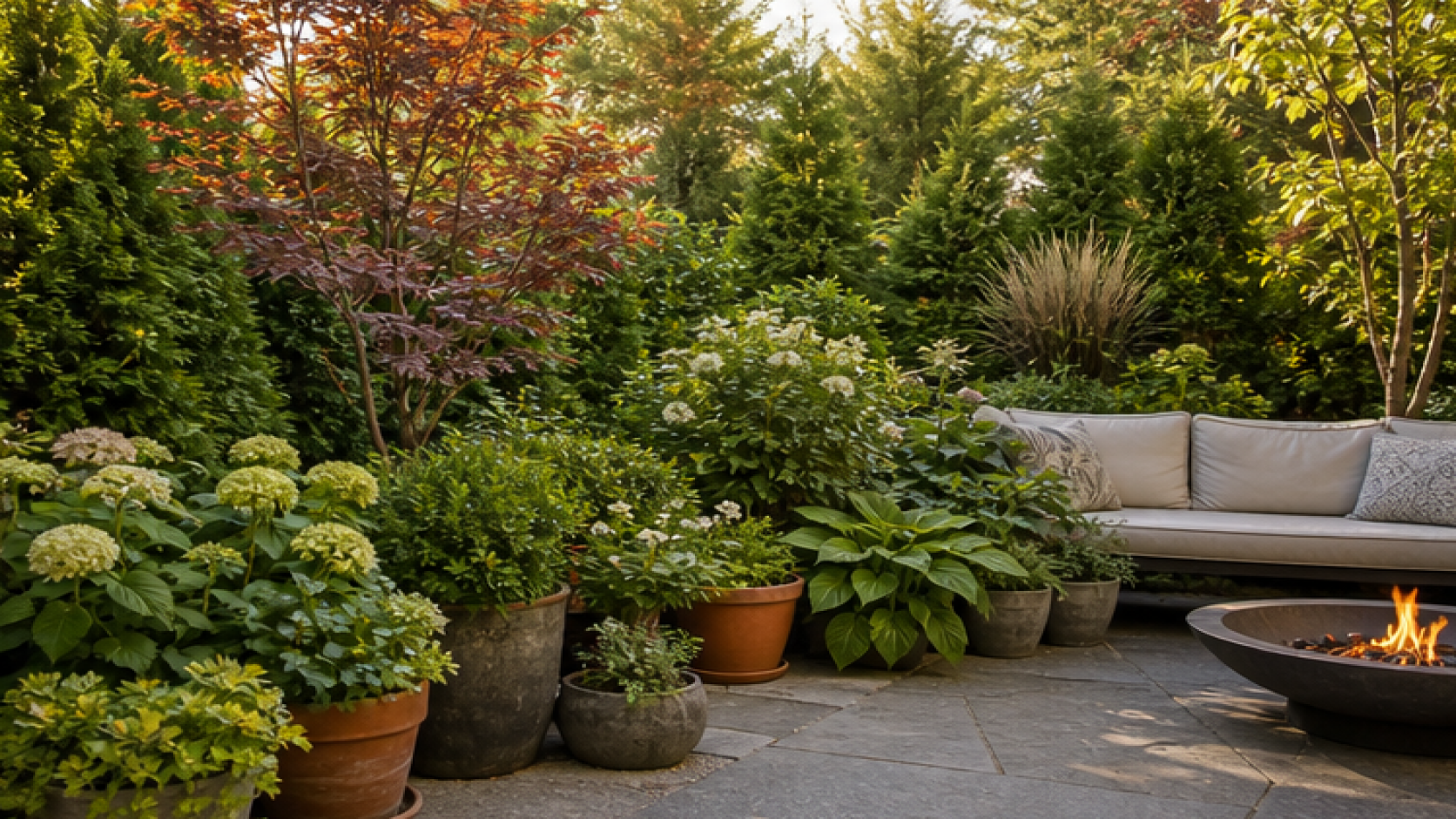 Garden Privacy Ideas with potted plant accents
