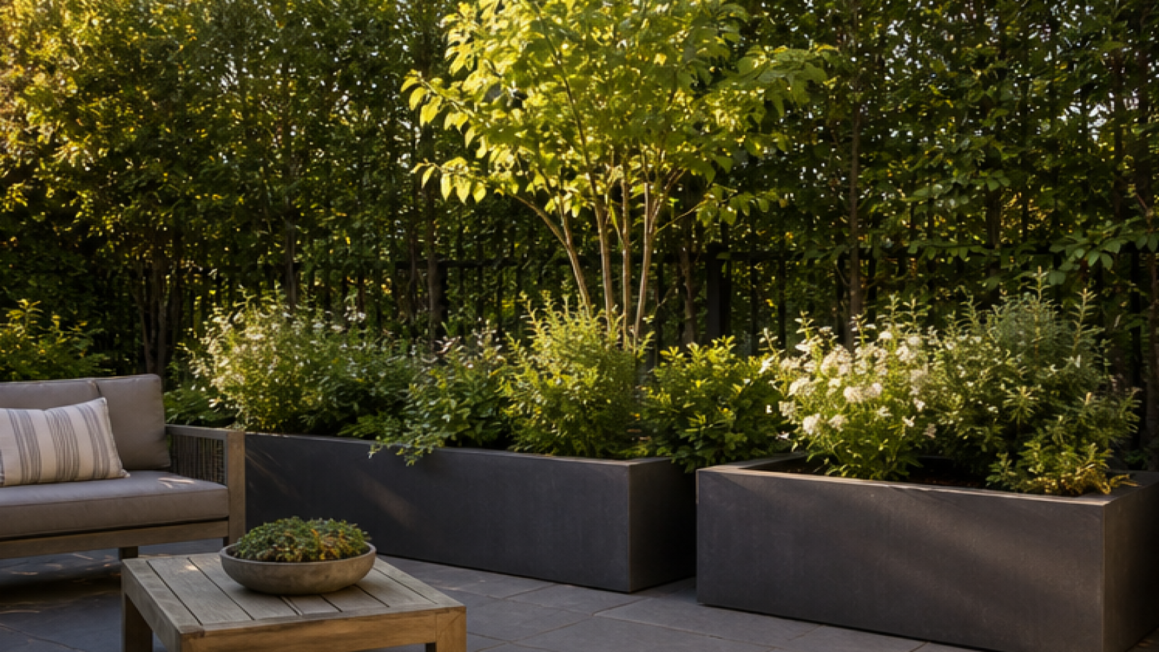 Garden Privacy Ideas with raised planters