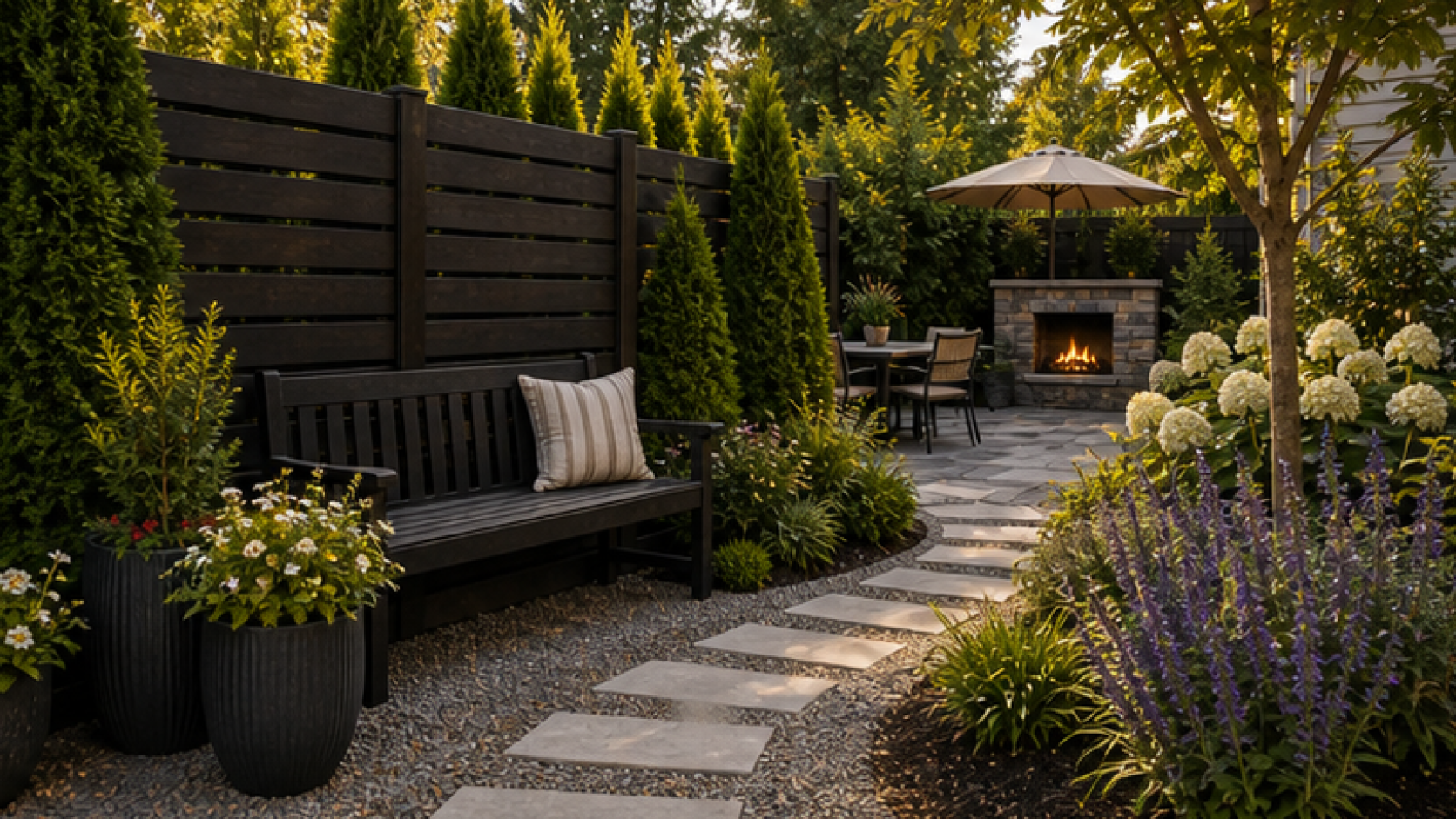 Garden Privacy Ideas with dark wood accents