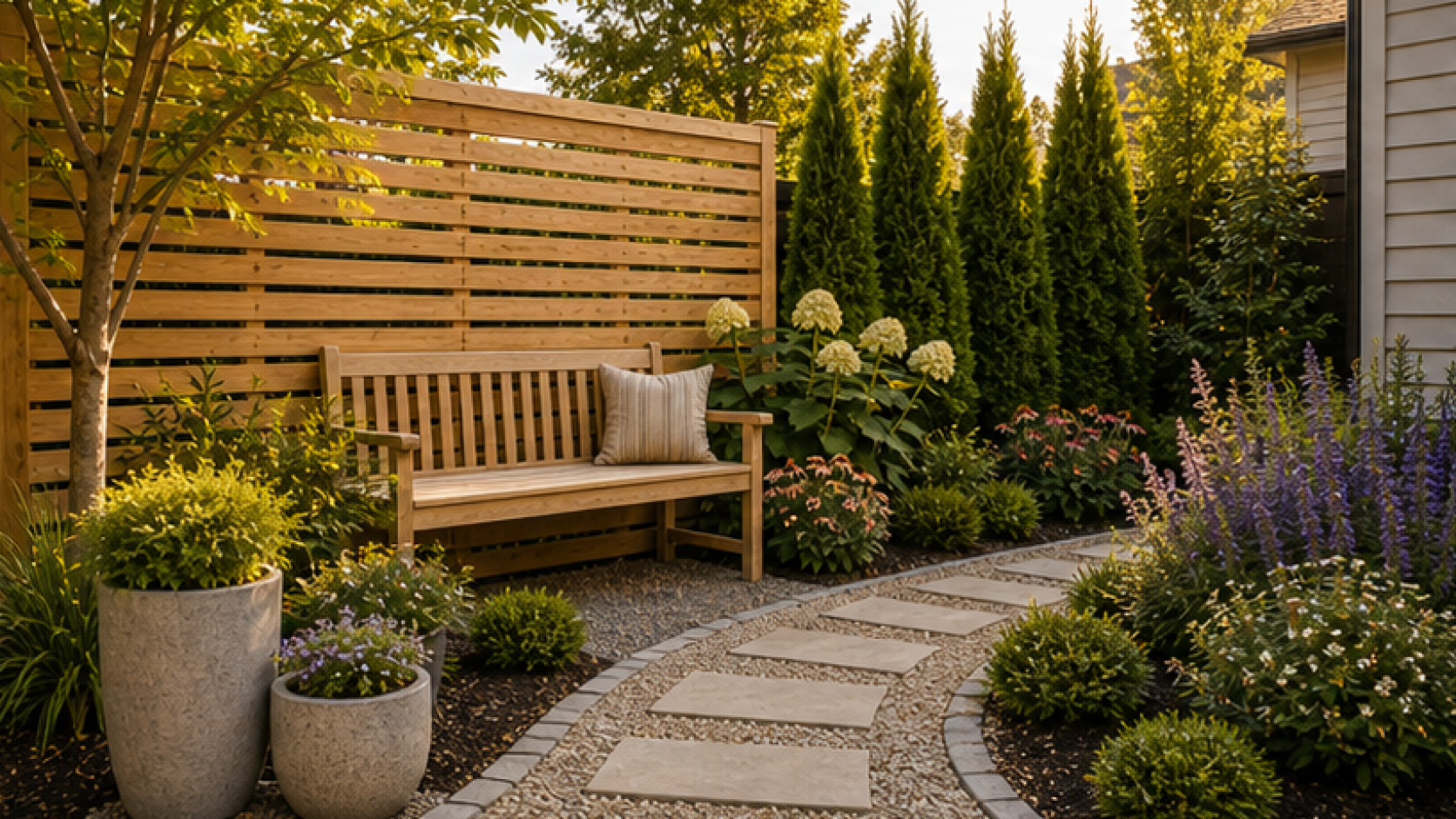 Garden Privacy Ideas with natural wood accents